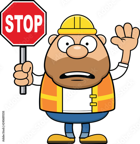 Cartoon Road Worker Worried Stop Sign