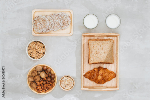 continental breakfast - toast, croissants, mix nuts, milk