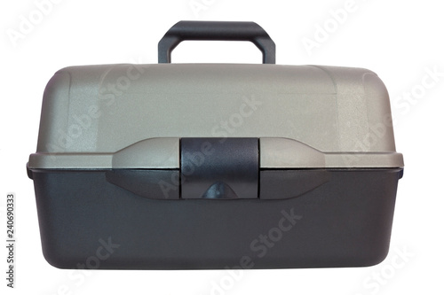 Drab colored fishing tackle box. Isolated.