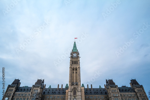 Main clock tower of the center block of the Parliament of Canada, in the Canadian Parliamentary complex of Ottawa, Ontario. It is a major landmark, containing the Senate and the house of commons