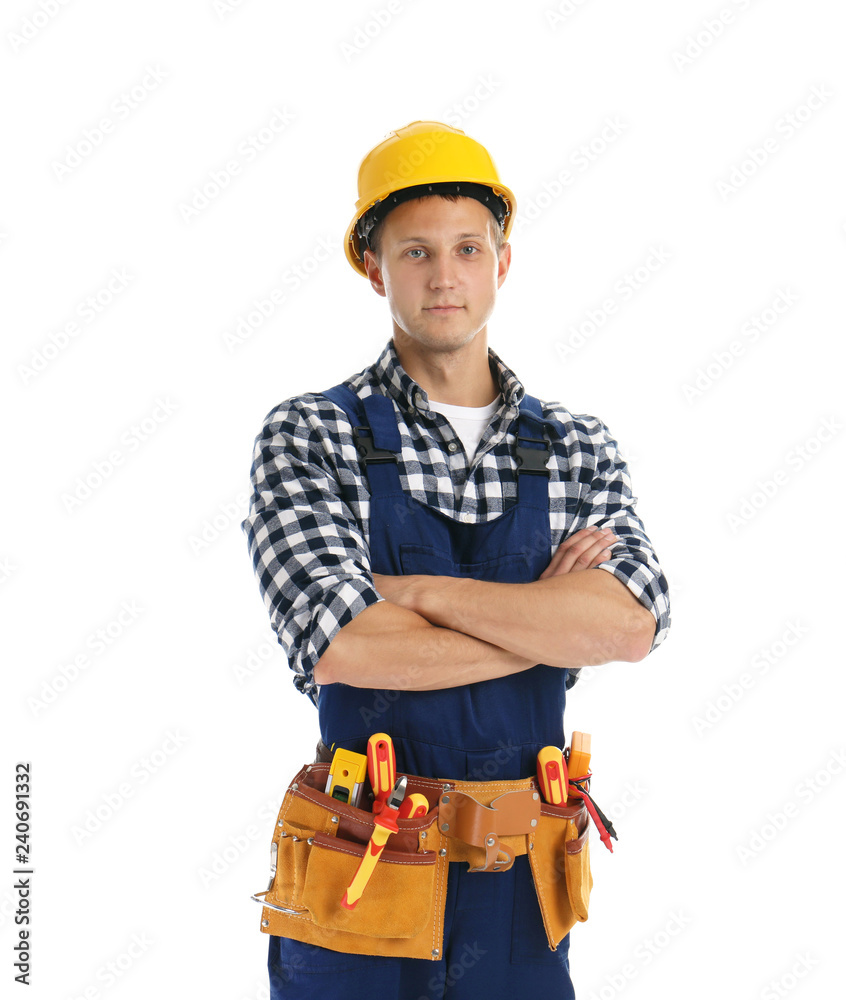 Electrician with tools wearing uniform on white background Electrician with tools wearing uniform on white background