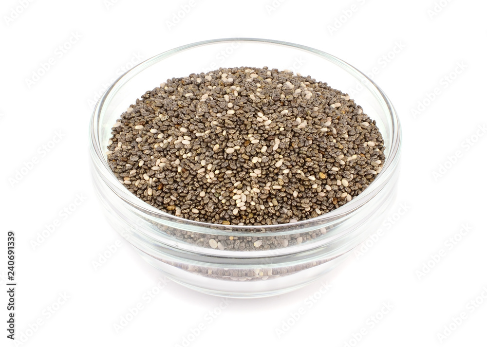 Chia Seed in a Glass Container (Salvia Hispanica) Isolated on White Background. Chia Seed in a Glass Container (Salvia Hispanica) Isolated on White Background.