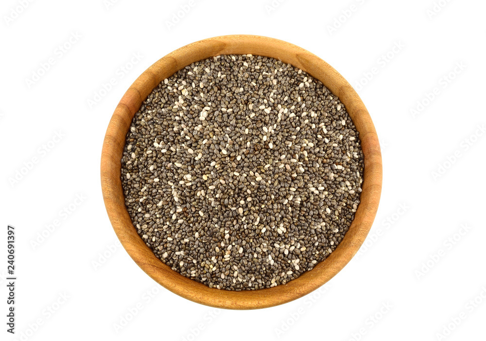 Chia Seed in Wooden Bowl (Salvia Hispanica) Isolated on White Background. Chia Seed in Wooden Bowl (Salvia Hispanica) Isolated on White Background.