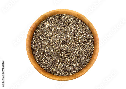 Chia Seed in Wooden Bowl (Salvia Hispanica) Isolated on White Background.