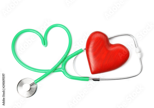Red heart and stethoscope on white background, top view. Cardiology concept © New Africa