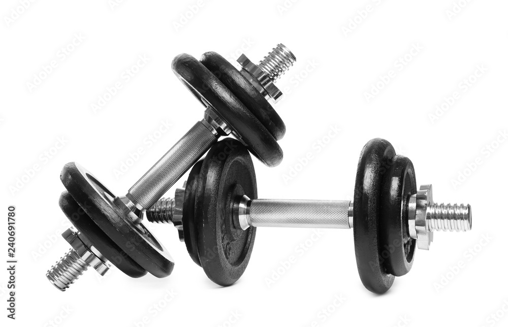 Fototapeta premium Professional dumbbells on white background. Sporting equipment