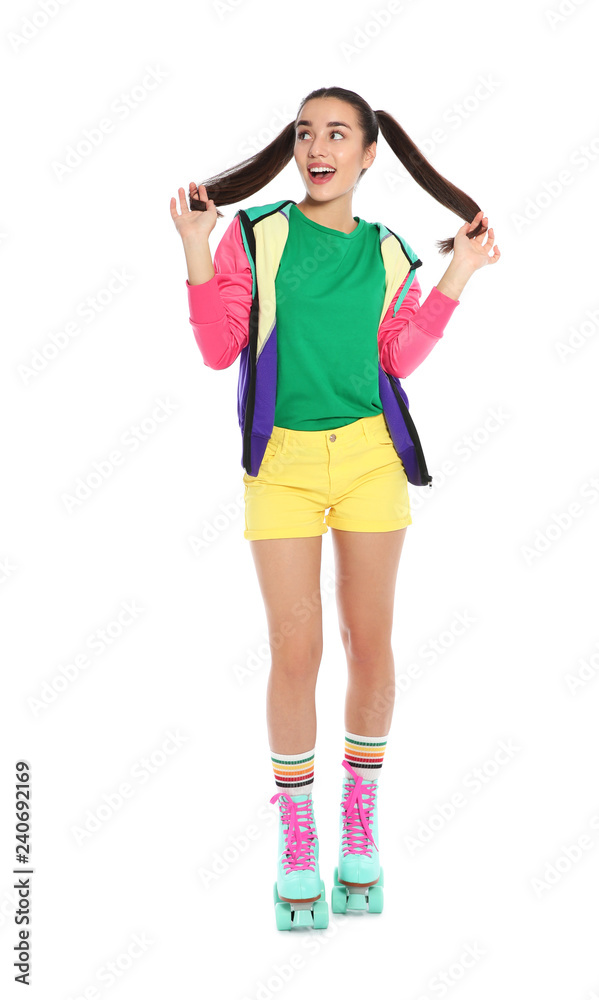 Full length portrait of young woman with roller skates on white background Full length portrait of young woman with roller skates on white background