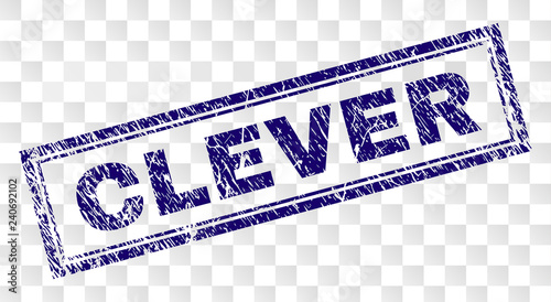 CLEVER stamp seal print with grainy style and double framed rectangle shape. Stamp is placed on a transparent background. Blue vector rubber print of CLEVER text with retro texture.