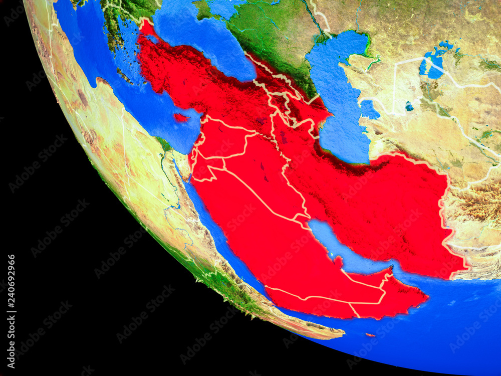 Western Asia on realistic model of planet Earth with country borders and very detailed planet surface.