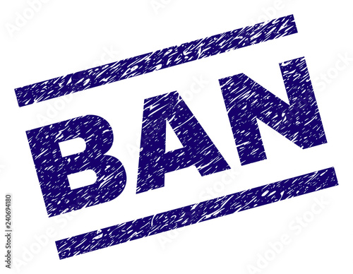 BAN seal print with grunge style. Blue vector rubber print of BAN text with unclean texture. Text caption is placed between parallel lines.