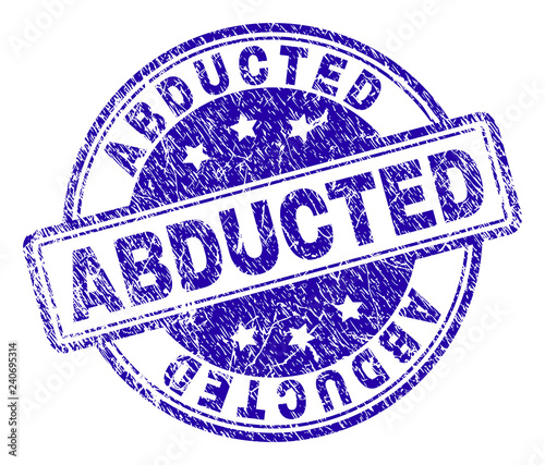 ABDUCTED stamp seal imprint with distress texture. Designed with rounded rectangles and circles. Blue vector rubber print of ABDUCTED text with grunge texture.