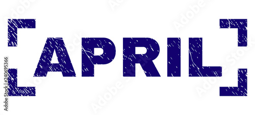 APRIL caption seal print with corroded texture. Text caption is placed between corners. Blue vector rubber print of APRIL with unclean texture.
