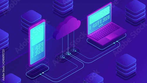 Isometric cloud storage loopable concept. Synchronization backend cloud data storage with laptop, smartphone on ultraviolet background. Upload download data transfer. 4K seamless loop video footage.