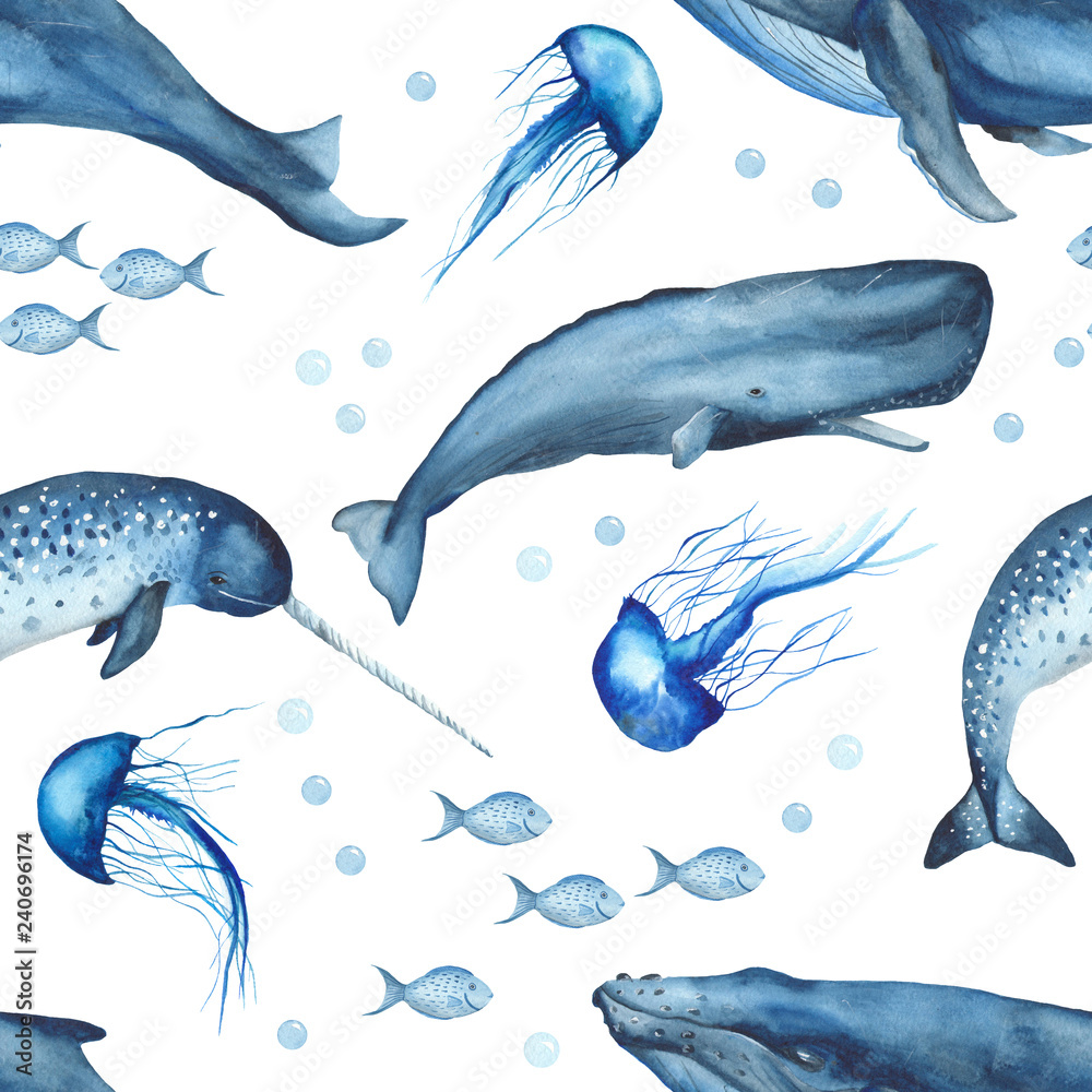Watercolor seamless pattern with whales, jellyfish, sperm whale ...