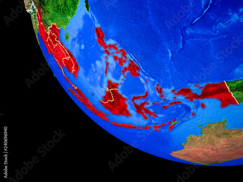 ASEAN memeber states on realistic model of planet Earth with country borders and very detailed planet surface. photo
