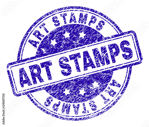 ART STAMPS stamp seal imprint with grunge texture. Designed with rounded rectangles and circles. Blue vector rubber print of ART STAMPS label with unclean texture.