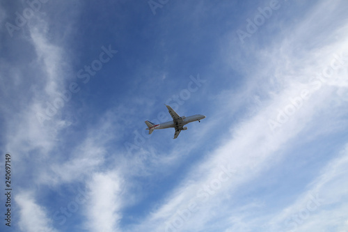 airplane in the blu sky with space for text