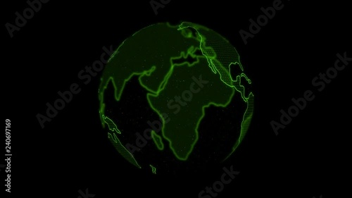 3D rendering of spinning glowing green wireframe earth globe outline on dark alpha channel background with seamless loop rotation