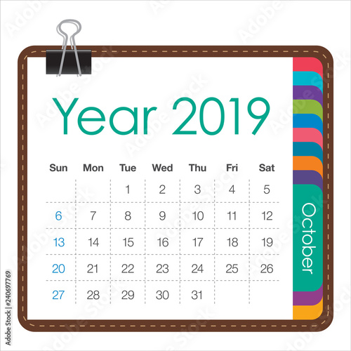 October 2019 monthly calendar vector illustration