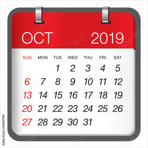 October 2019 monthly calendar vector illustration