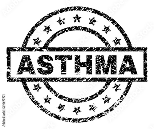 ASTHMA stamp seal watermark with distress style. Designed with rectangle, circles and stars. Black vector rubber print of ASTHMA caption with unclean texture.