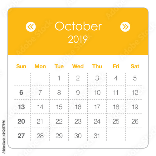 October 2019 monthly calendar vector illustration