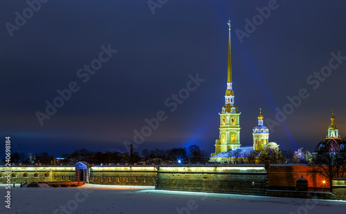 View on Peter and Paul church on winter night, glow from the sunset light in the background, Sankt-Peterburg