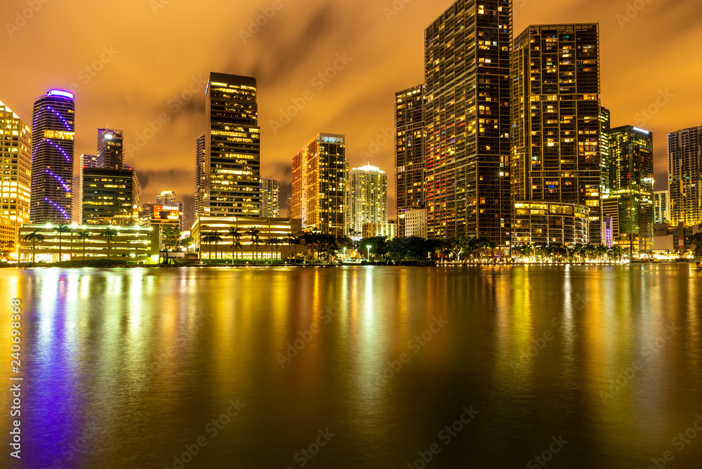 Night light view of Miami downtown buildings