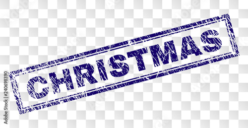 CHRISTMAS stamp seal print with rubber print style and double framed rectangle shape. Stamp is placed on a transparent background. Blue vector rubber print of CHRISTMAS text with grunge texture.
