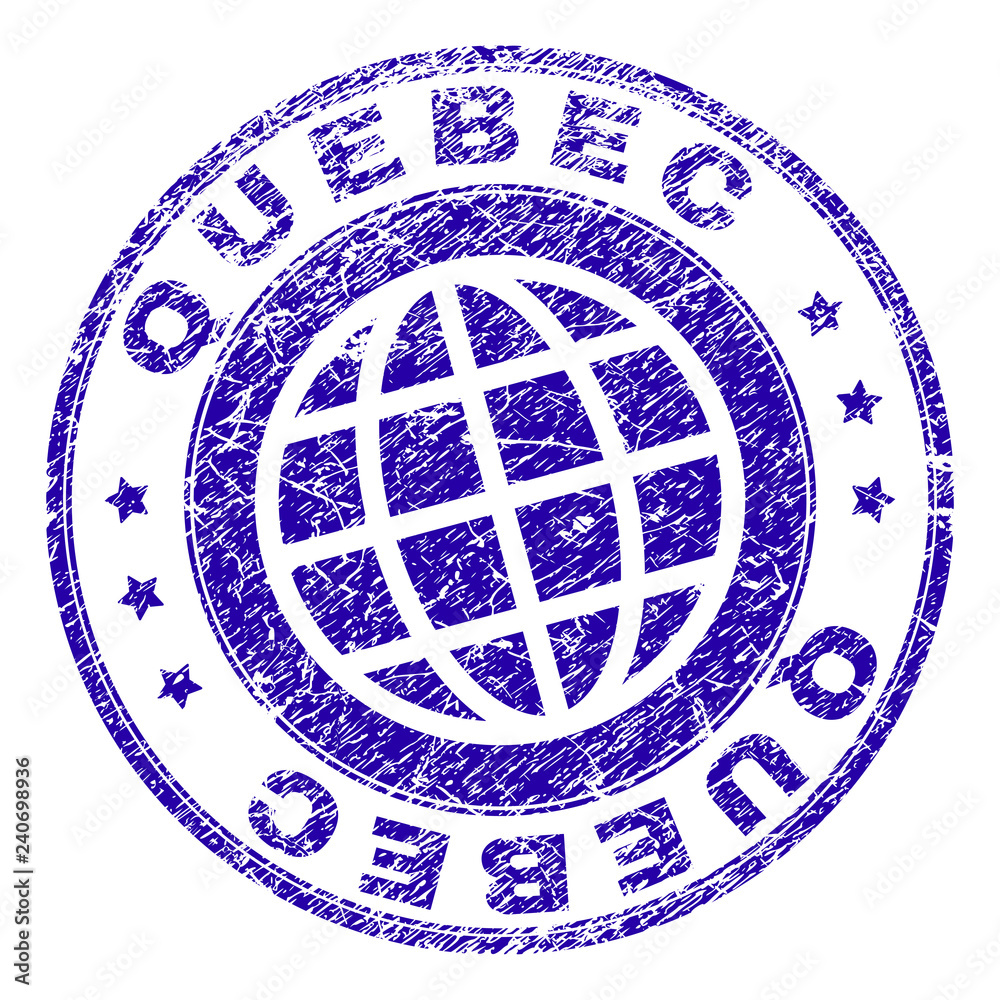 QUEBEC stamp imprint with distress texture. Blue vector rubber seal imprint of QUEBEC label with retro texture. Seal has words placed by circle and globe symbol.