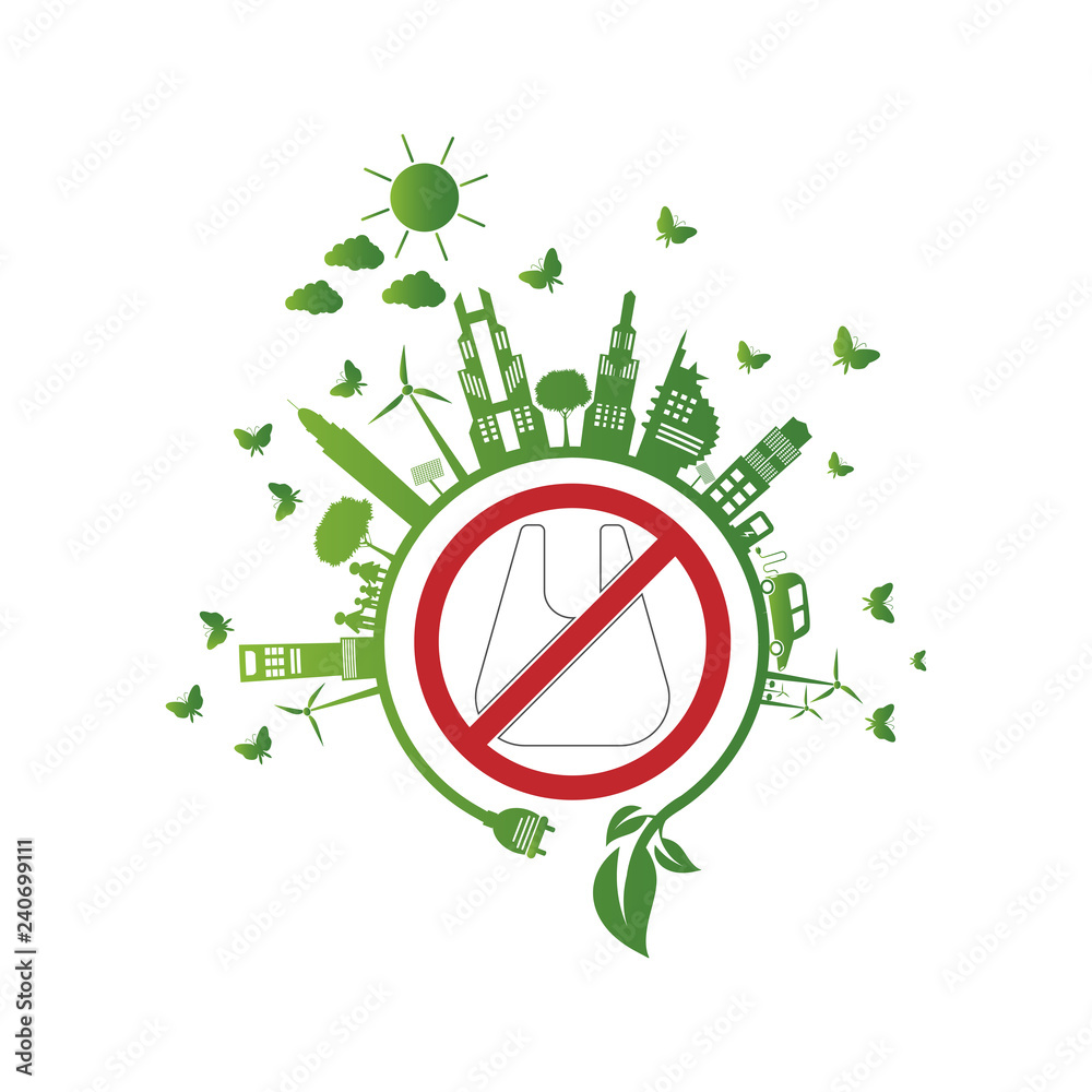 Obraz premium Ecology.Green cities help No plastic bags eco-friendly concept ideas.vector illustration