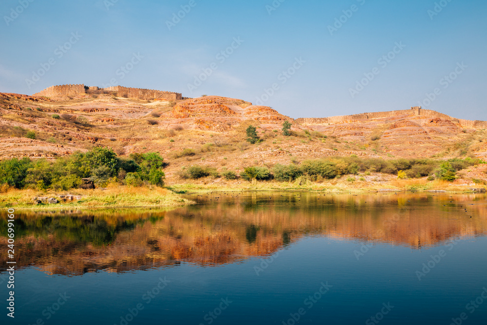 Deity pond and fortress hill in Jodhpur, India