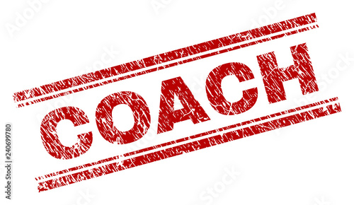 COACH seal print with corroded texture. Red vector rubber print of COACH caption with dust texture. Text label is placed between double parallel lines.