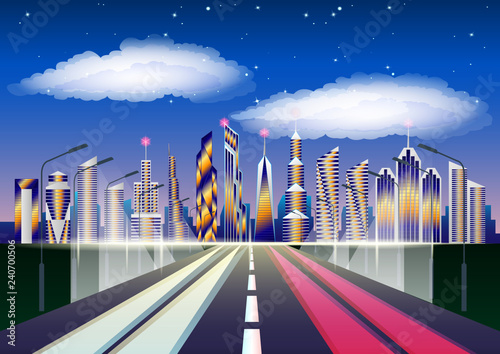 Future cityscape. Highway leading to the city. skyscrapers against clouds and starry sky.