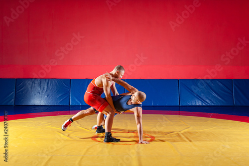 Two strong wrestlers in blue and red wrestling tights are wrestlng and making a suplex wrestling on a yellow wrestling carpet in the gym. Young man doing grapple.