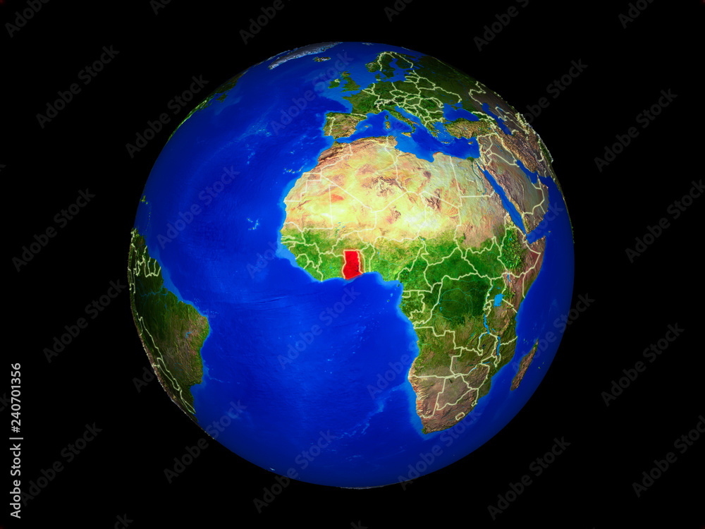 Fototapeta premium Ghana on planet planet Earth with country borders. Extremely detailed planet surface.
