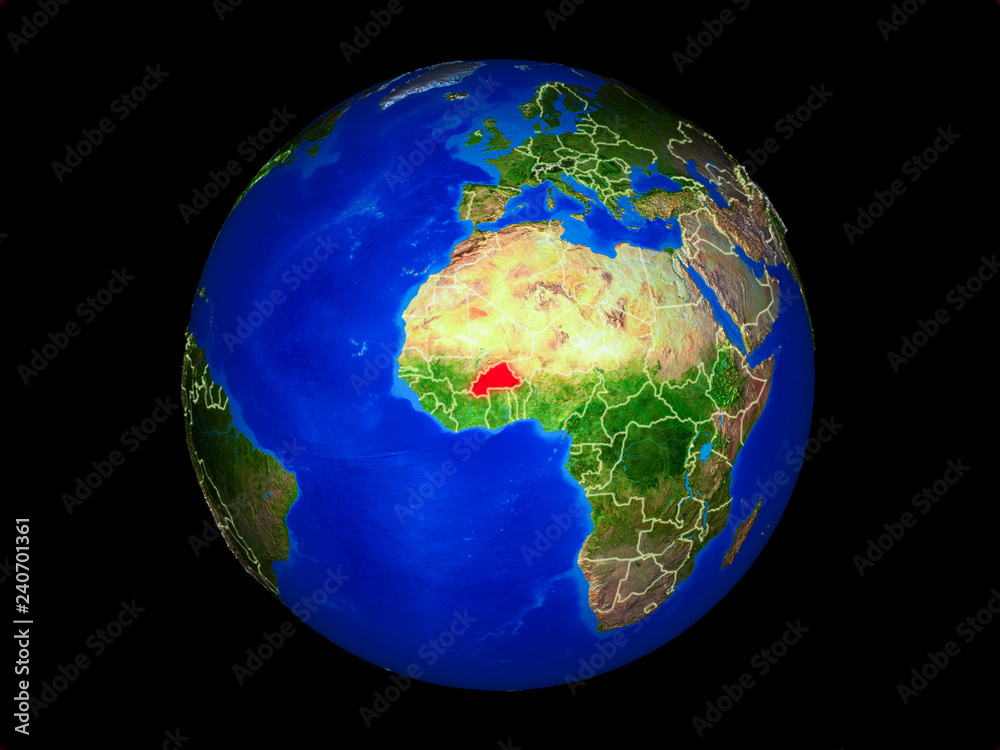 Burkina Faso on planet planet Earth with country borders. Extremely detailed planet surface.