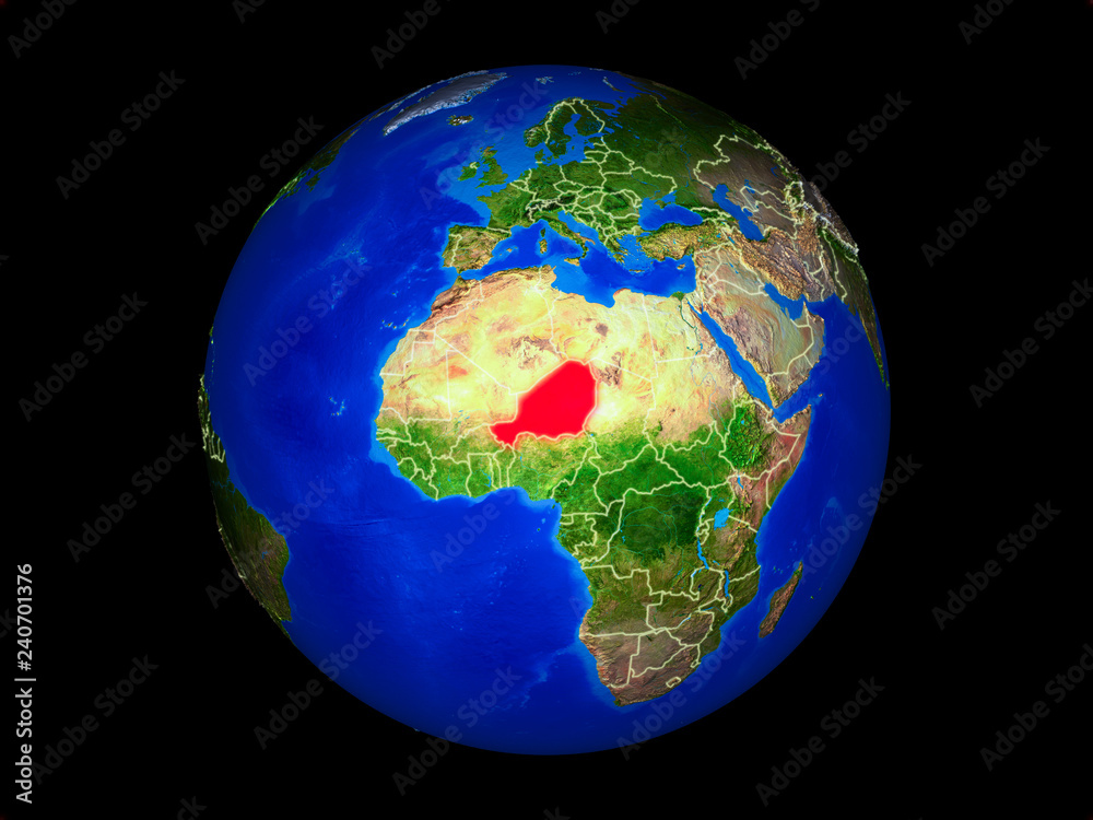 Niger on planet planet Earth with country borders. Extremely detailed planet surface. Niger on planet planet Earth with country borders. Extremely detailed planet surface.
