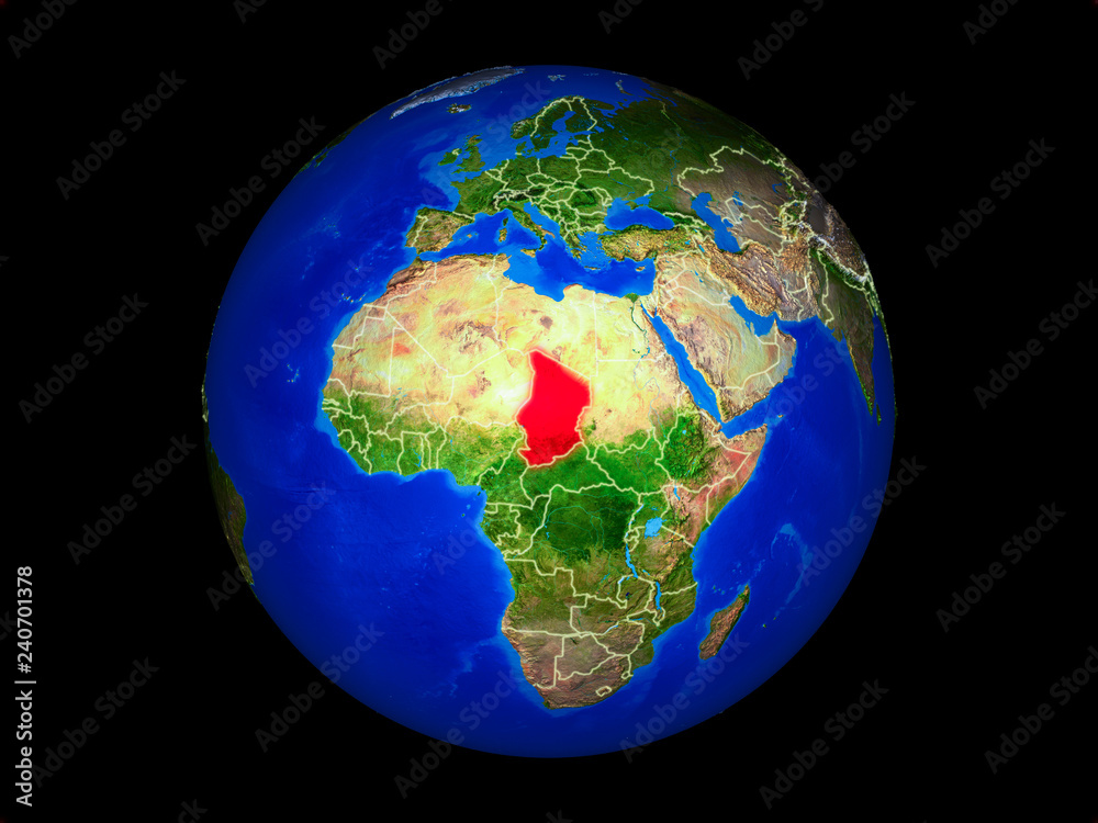Chad on planet planet Earth with country borders. Extremely detailed planet surface.