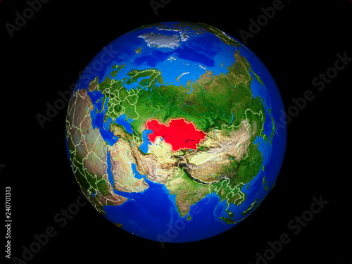 Kazakhstan on planet planet Earth with country borders. Extremely detailed planet surface.
