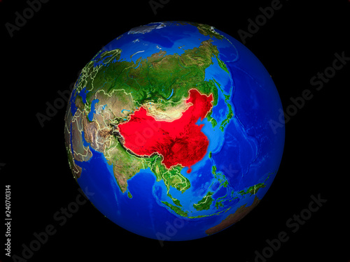 China on planet planet Earth with country borders. Extremely detailed planet surface.
