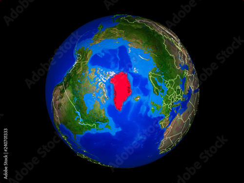 Greenland on planet planet Earth with country borders. Extremely detailed planet surface.