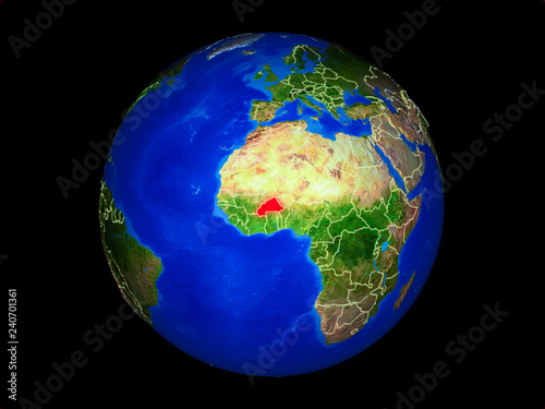 Burkina Faso on planet planet Earth with country borders. Extremely detailed planet surface.