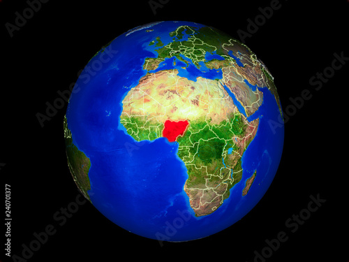 Nigeria on planet planet Earth with country borders. Extremely detailed planet surface.