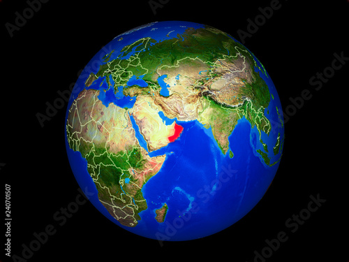 Oman on planet planet Earth with country borders. Extremely detailed planet surface.