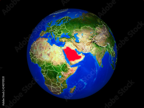 Saudi Arabia on planet planet Earth with country borders. Extremely detailed planet surface.