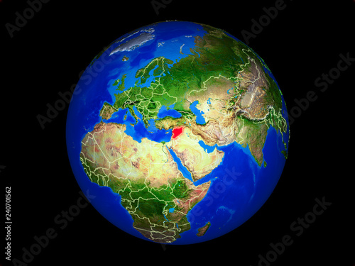 Syria on planet planet Earth with country borders. Extremely detailed planet surface.