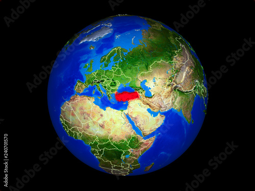 Turkey on planet planet Earth with country borders. Extremely detailed planet surface.