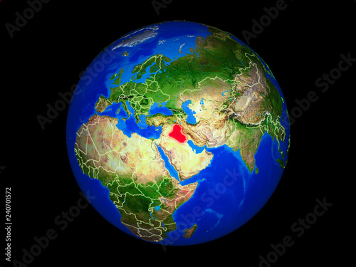Iraq on planet planet Earth with country borders. Extremely detailed planet surface.