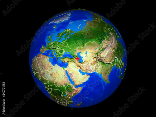 Azerbaijan on planet planet Earth with country borders. Extremely detailed planet surface.